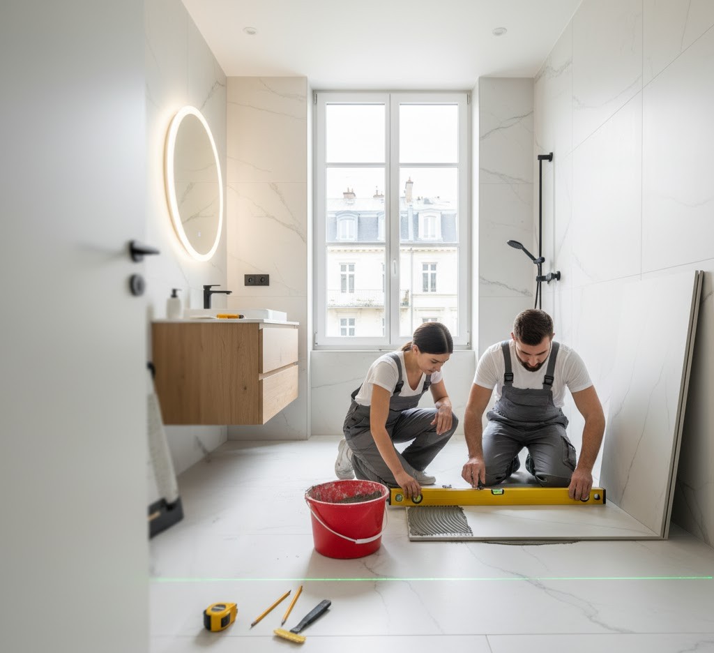 Kakelinstallatörer i arbete