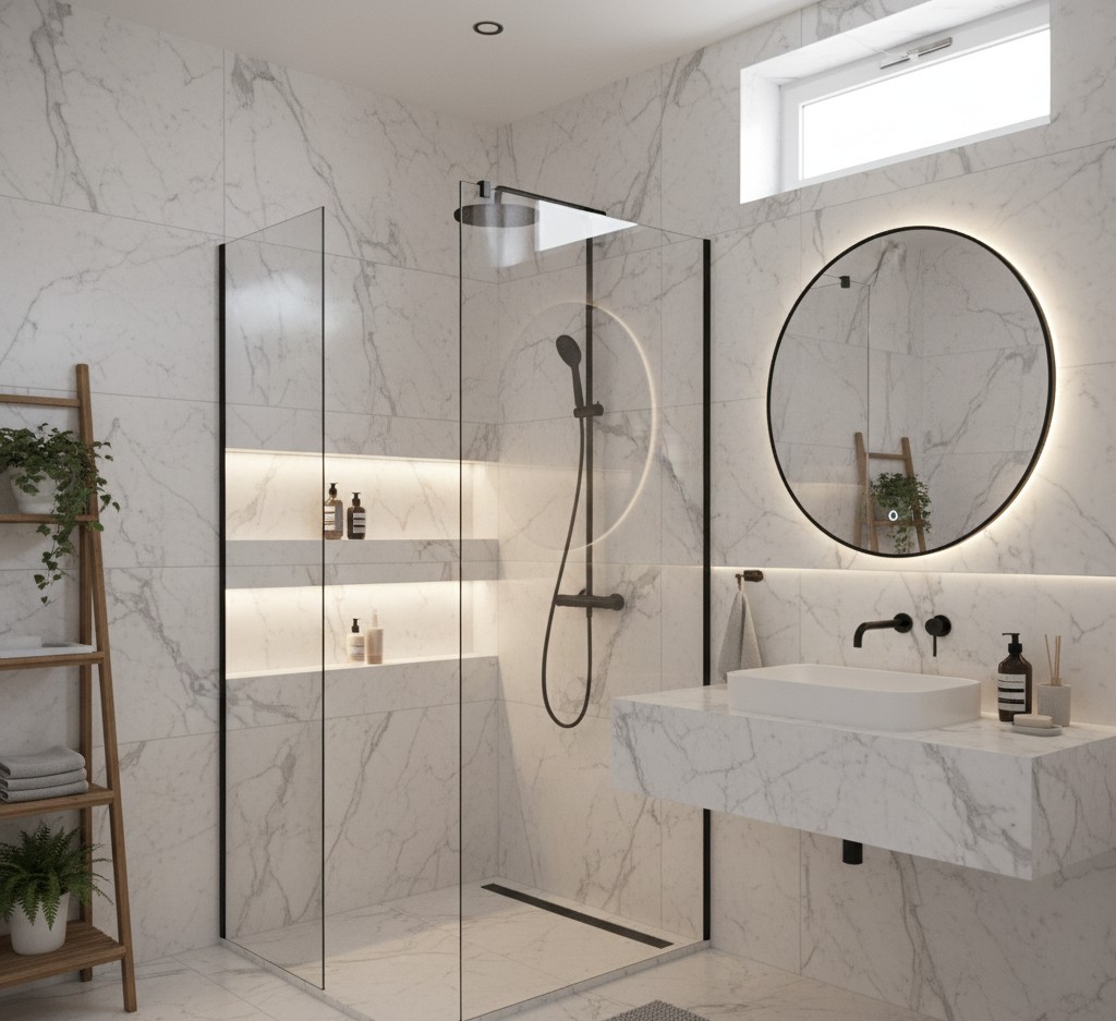 Marmorbeklätt badrum