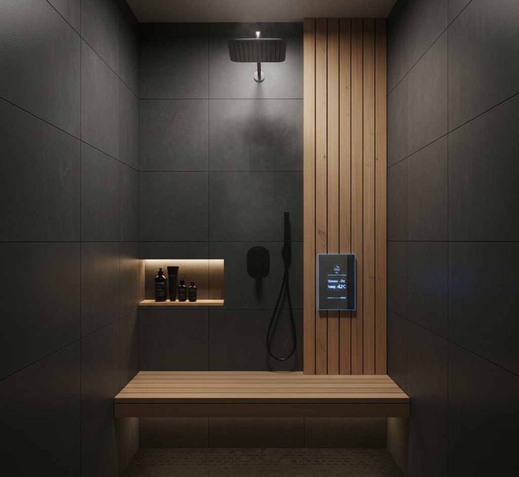 Dusch med mörk kakel